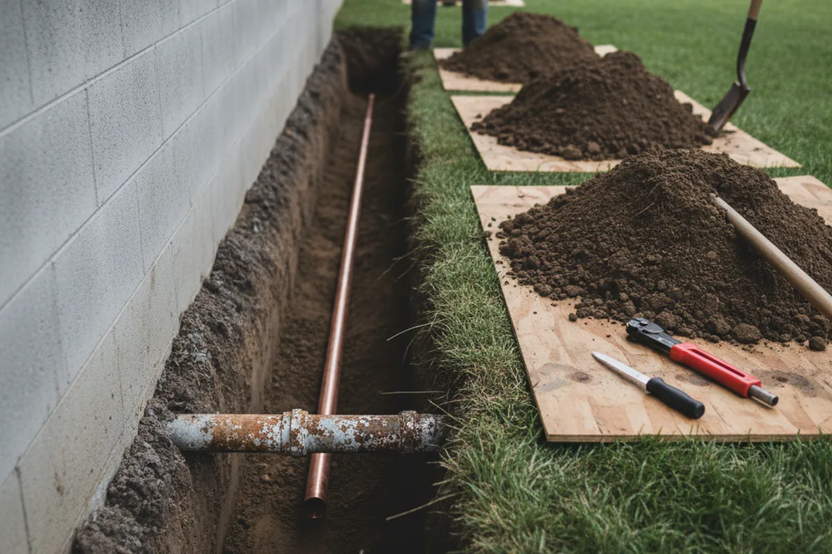Excavated water line trench during Water Softener Installation in Idalou
